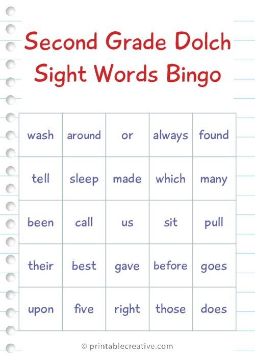 Second Grade Dolch Sight Words Bingo