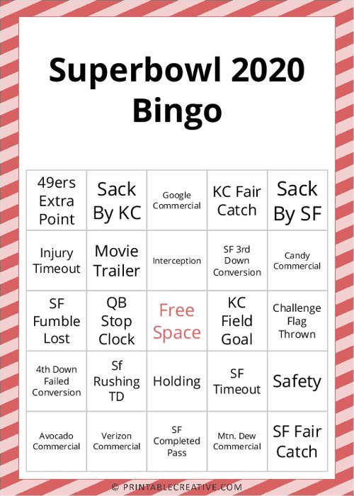 Superbowl 2020 Bingo