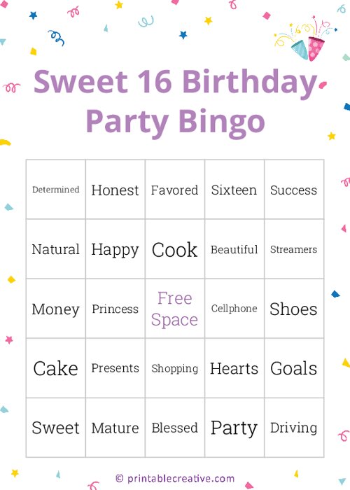 Sweet 16 Birthday Party Bingo