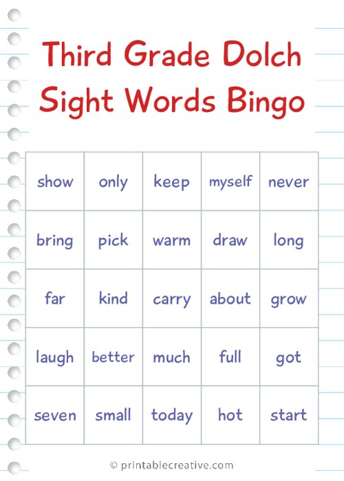 Third Grade Dolch Sight Words Bingo