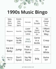 1990s Music Bingo