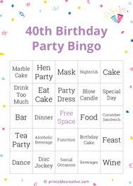 40th Birthday Party Bingo
