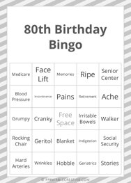 80th Birthday Bingo