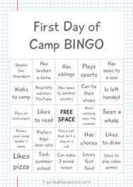 First Day of Camp BINGO