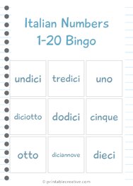 Italian Numbers 1-20 Bingo