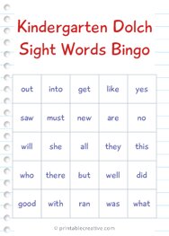 Kindergarten Dolch Sight Words Bingo