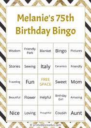 Melanies 75th Birthday Bingo