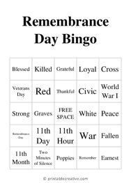 Remembrance Day Bingo