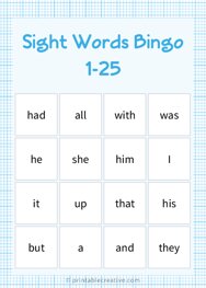 Sight Words Bingo 1-25