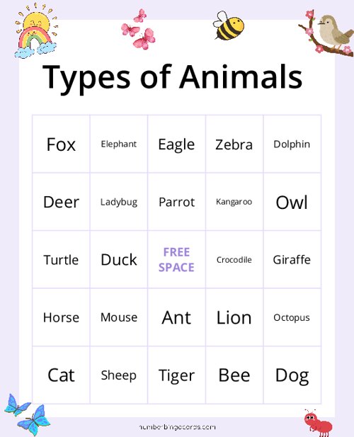Types of Animals Bingo