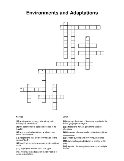 Environments and Adaptations Crossword Puzzle
