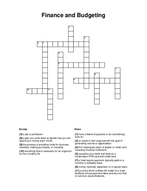 Finance and Budgeting Crossword Puzzle
