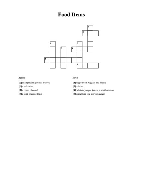 Food Items Crossword Puzzle
