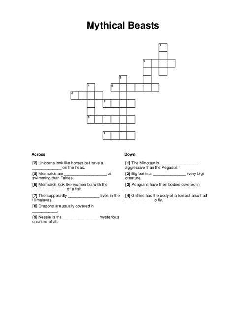 Mythical Beasts Crossword Puzzle