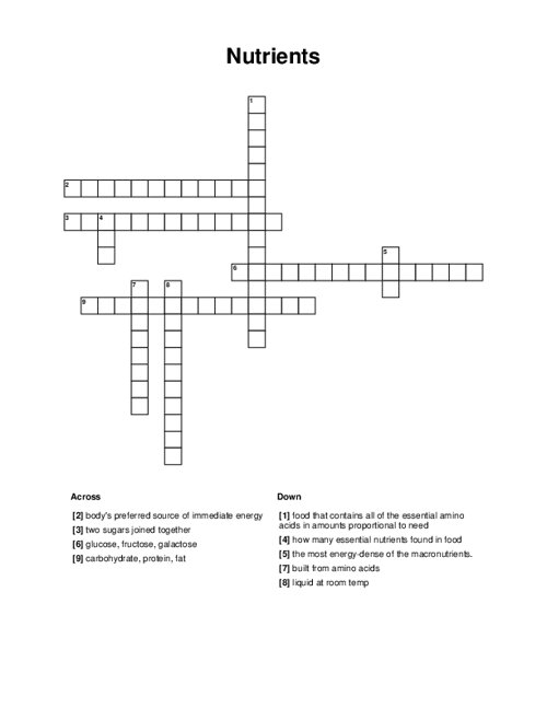 Nutrients Crossword Puzzle