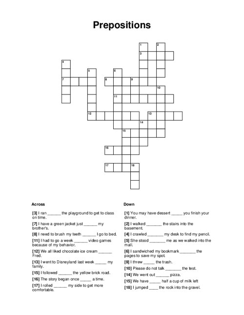 Prepositions Crossword Puzzle