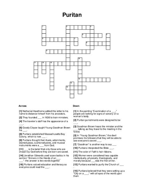 Puritan Crossword Puzzle