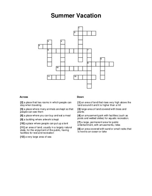 Summer Vacation Crossword Puzzle