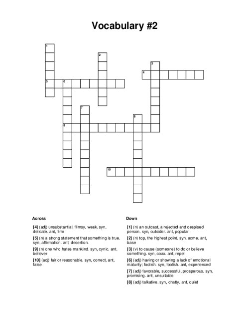 Vocabulary #2 Crossword Puzzle