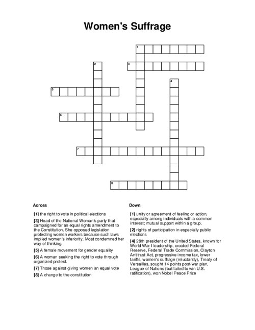 Women's Suffrage Crossword Puzzle