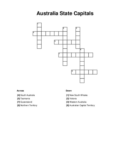 Australia State Capitals Crossword Puzzle
