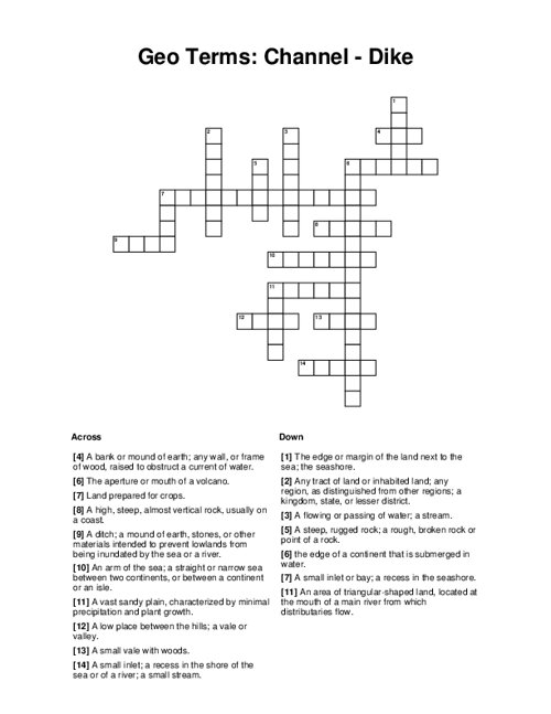 Geo Terms: Channel - Dike Crossword Puzzle