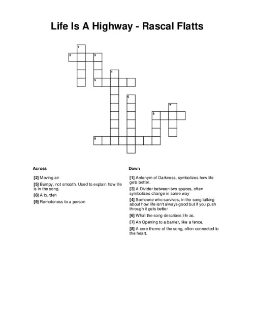 Life Is A Highway - Rascal Flatts Crossword Puzzle