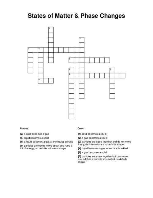 States Of Matter Phase Changes Crossword