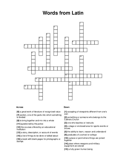 Words from Latin Crossword Puzzle
