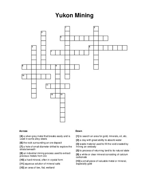 Yukon Mining Crossword Puzzle