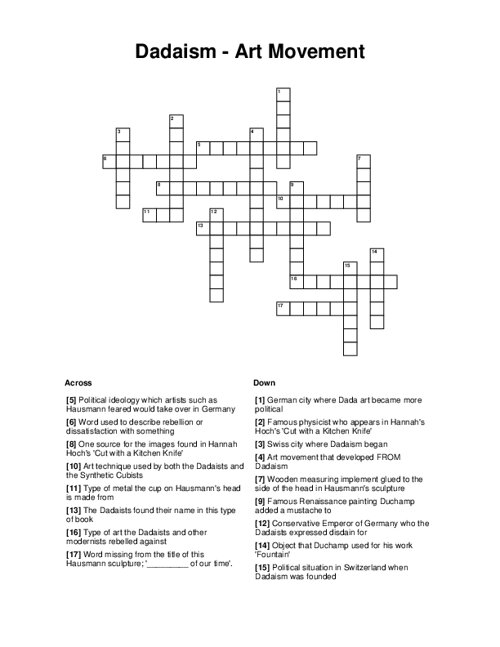 Dadaism - Art Movement Crossword Puzzle