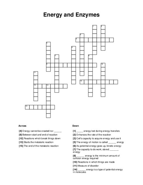 Energy and Enzymes Crossword Puzzle