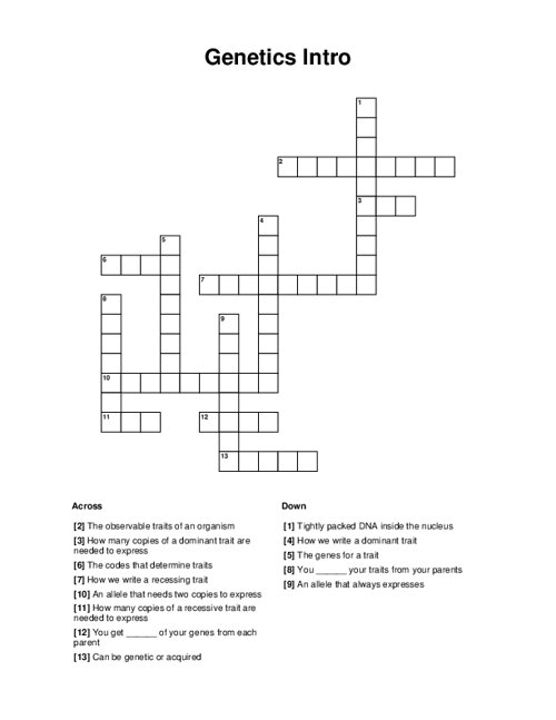 Genetics Intro Crossword Puzzle