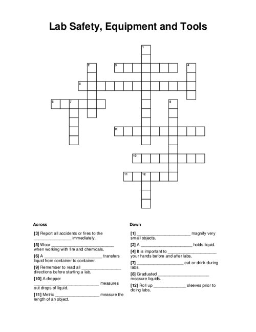 Lab Safety, Equipment and Tools Crossword Puzzle