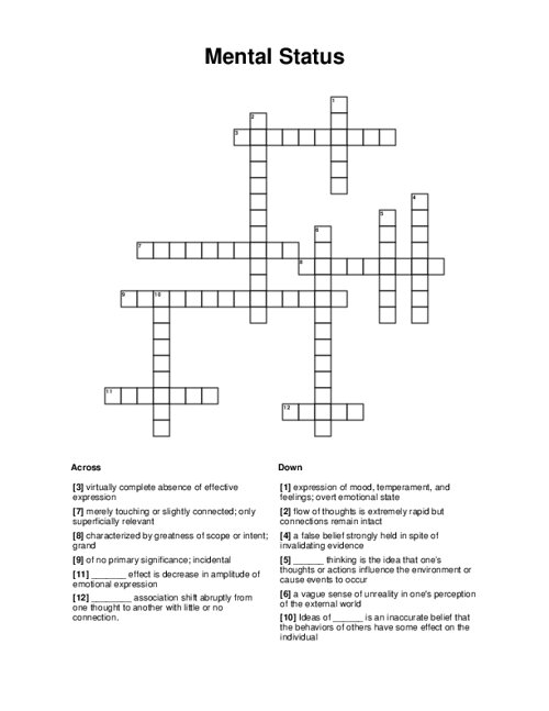 Mental Status Crossword Puzzle