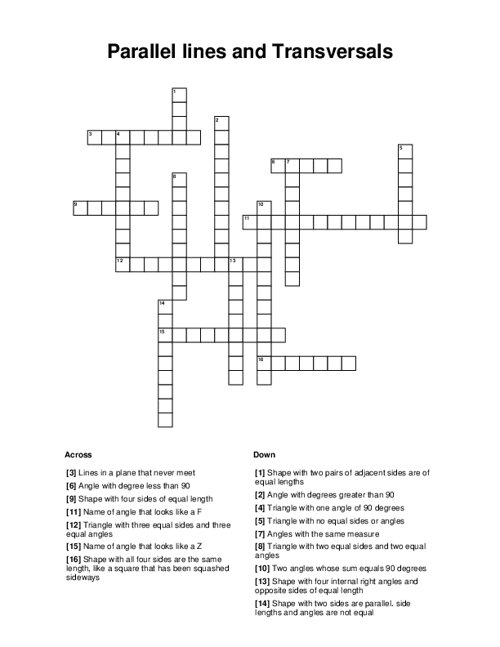 Parallel lines and Transversals Crossword Puzzle