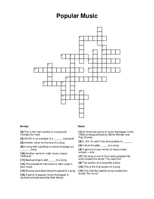 Popular Music Crossword Puzzle