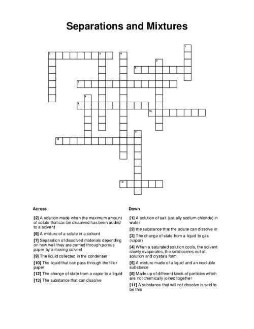 Separations and Mixtures Crossword Puzzle