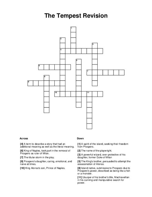 The Tempest Revision Crossword Puzzle