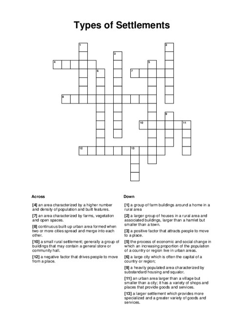 Types of Settlements Crossword Puzzle