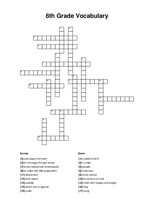6th Grade Vocabulary Crossword Puzzle