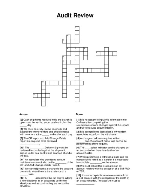 Audit Review Crossword Puzzle