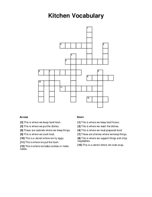 Kitchen Vocabulary Crossword Puzzle