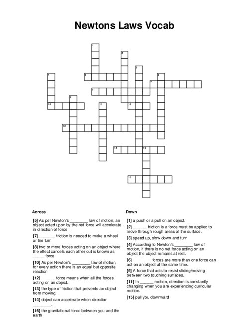 Newtons Laws Vocab Crossword Puzzle
