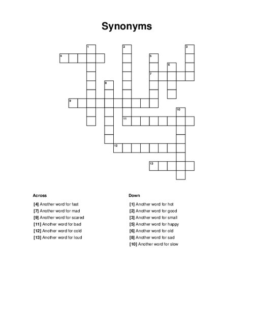 Synonym crosswords for grade 1 worksheets