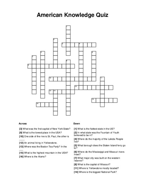 American Knowledge Quiz Crossword Puzzle