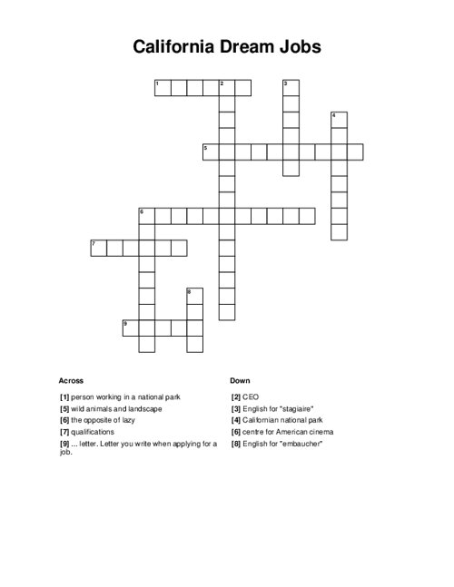 California Dream Jobs Crossword Puzzle