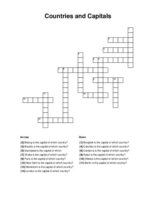 Countries and Capitals Crossword Puzzle