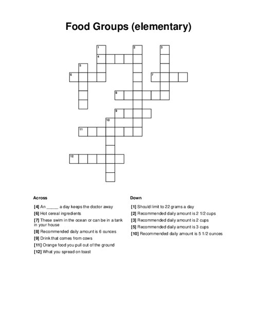 Food Groups (elementary) Crossword Puzzle