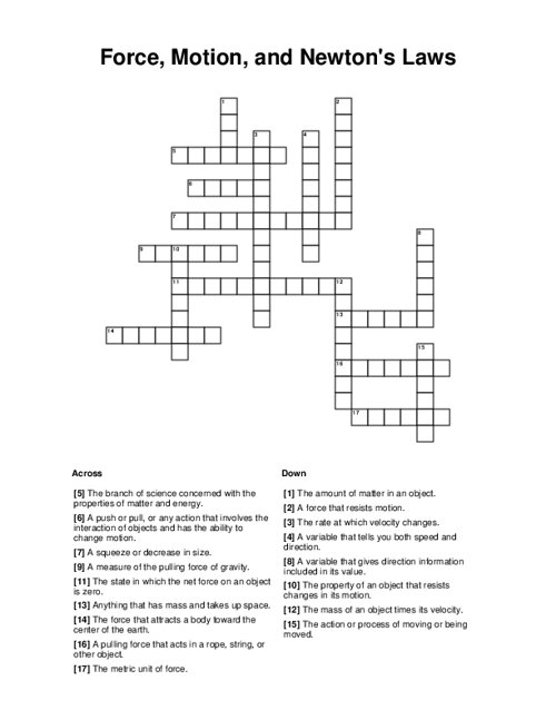 Force, Motion, and Newton's Laws Crossword Puzzle